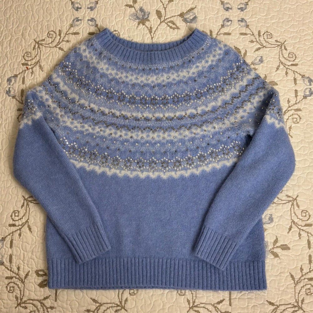 Talbots Petite Sweater Womens MP Blue Excellent Fair Isle Sequin Wool Blend